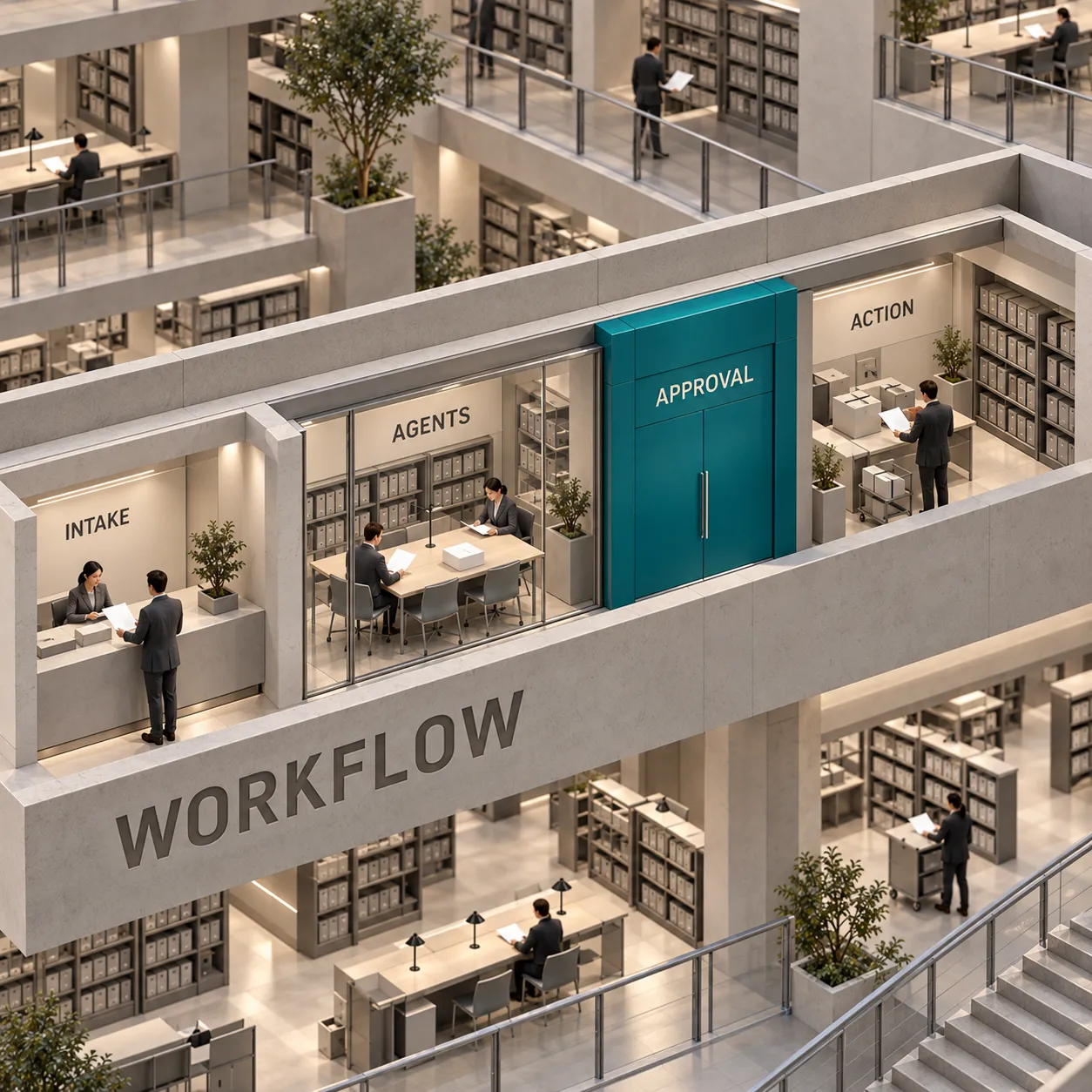 Architectural cutaway showing intake and agent rooms inside an enclosing workflow, with a full-width approval gate before the action room
