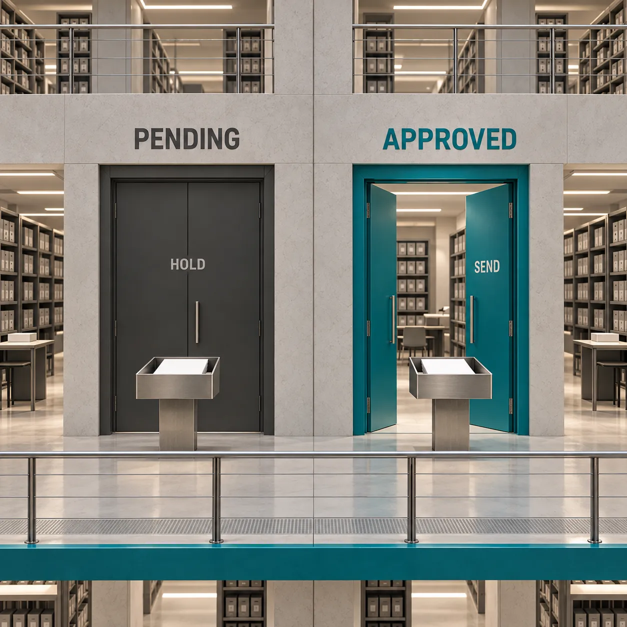 Two adjoining architectural rooms show pending approval holding a closed action door and approved status opening the send door