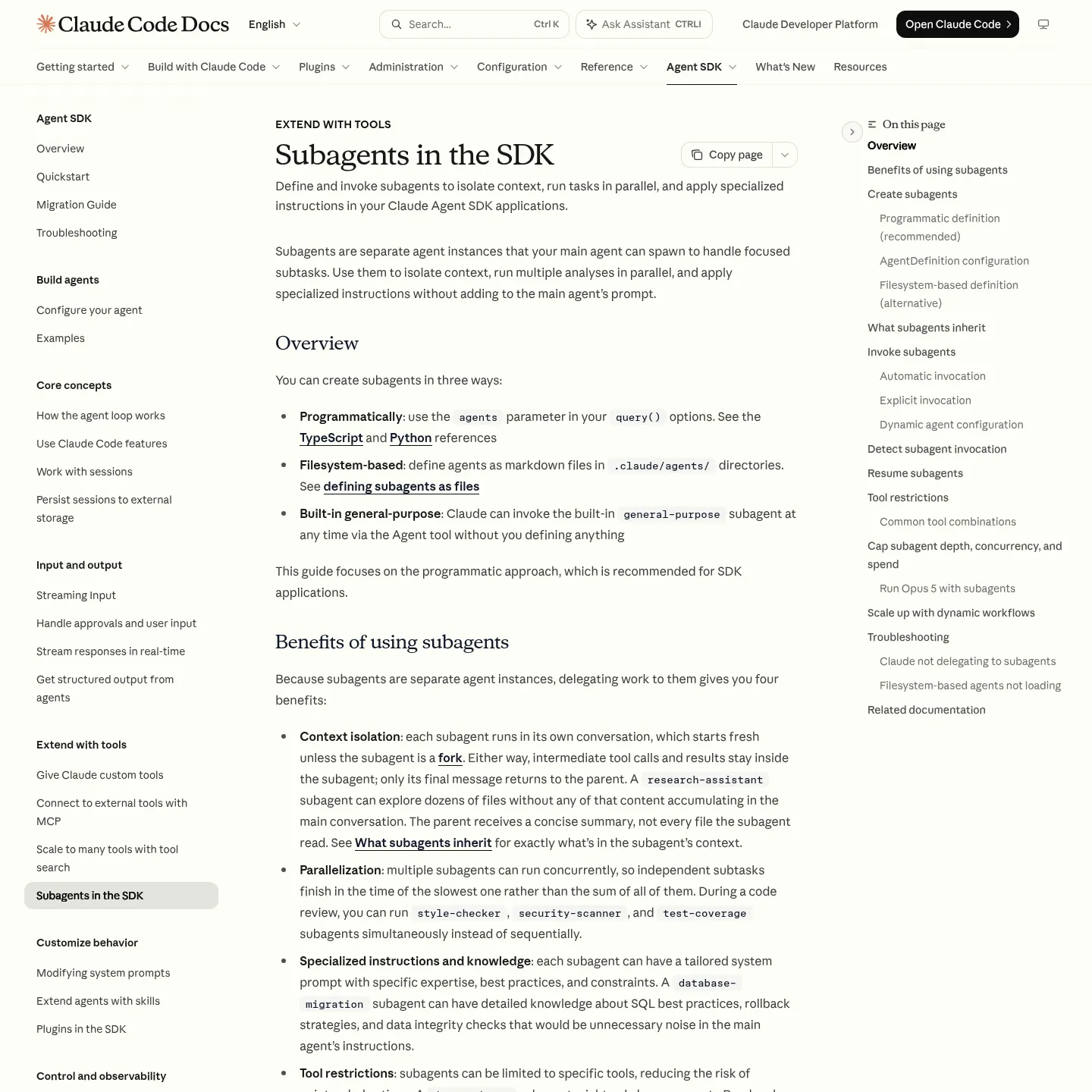 Claude Agent SDK documentation for defining and invoking subagents