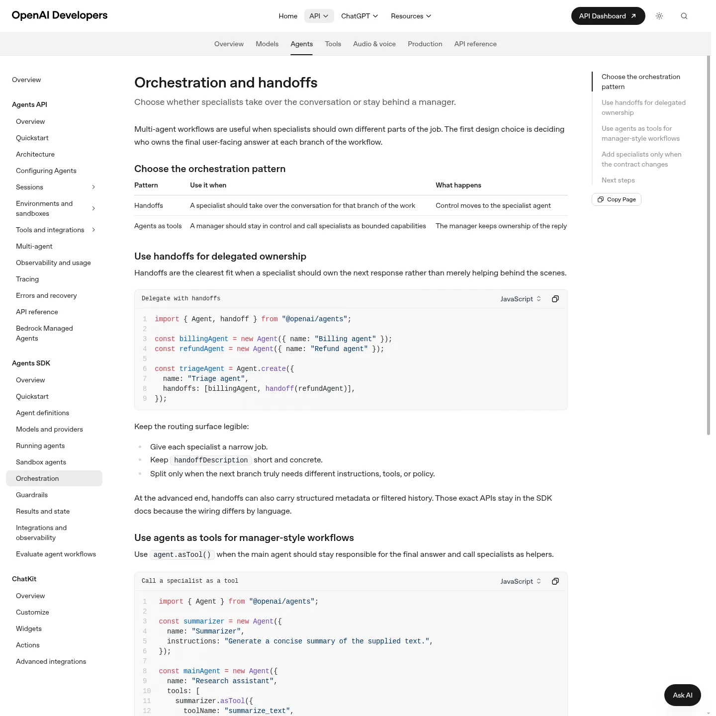 OpenAI Agents SDK documentation contrasting handoffs and agents as tools