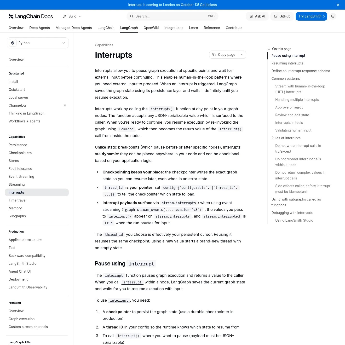 LangGraph documentation describing pauses and resuming interrupted workflows