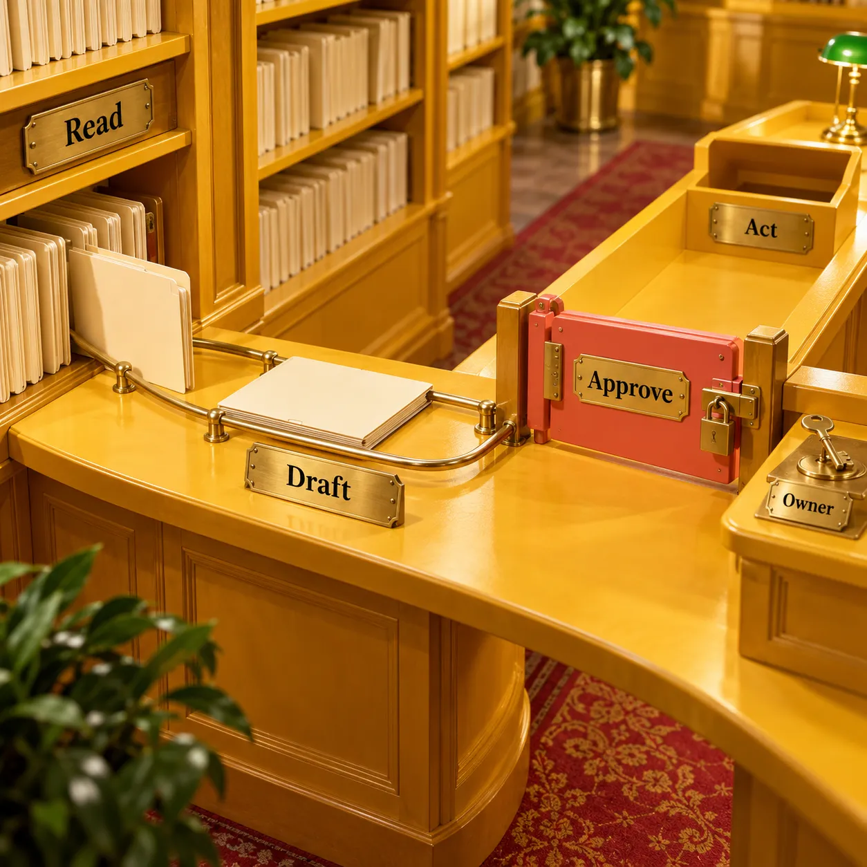 A library checkout path moves a task from Read to Draft, pauses at an owner-operated Approve gate, then reaches Act