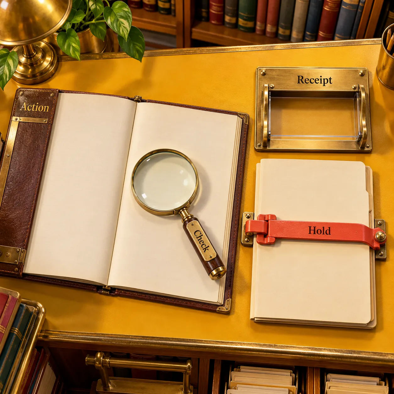A task folder is held while an owner checks the action record and missing receipt before retrying