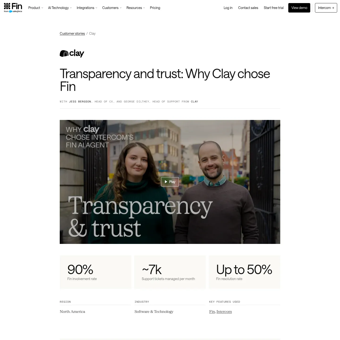 Fin's official Clay customer story describing the support deployment