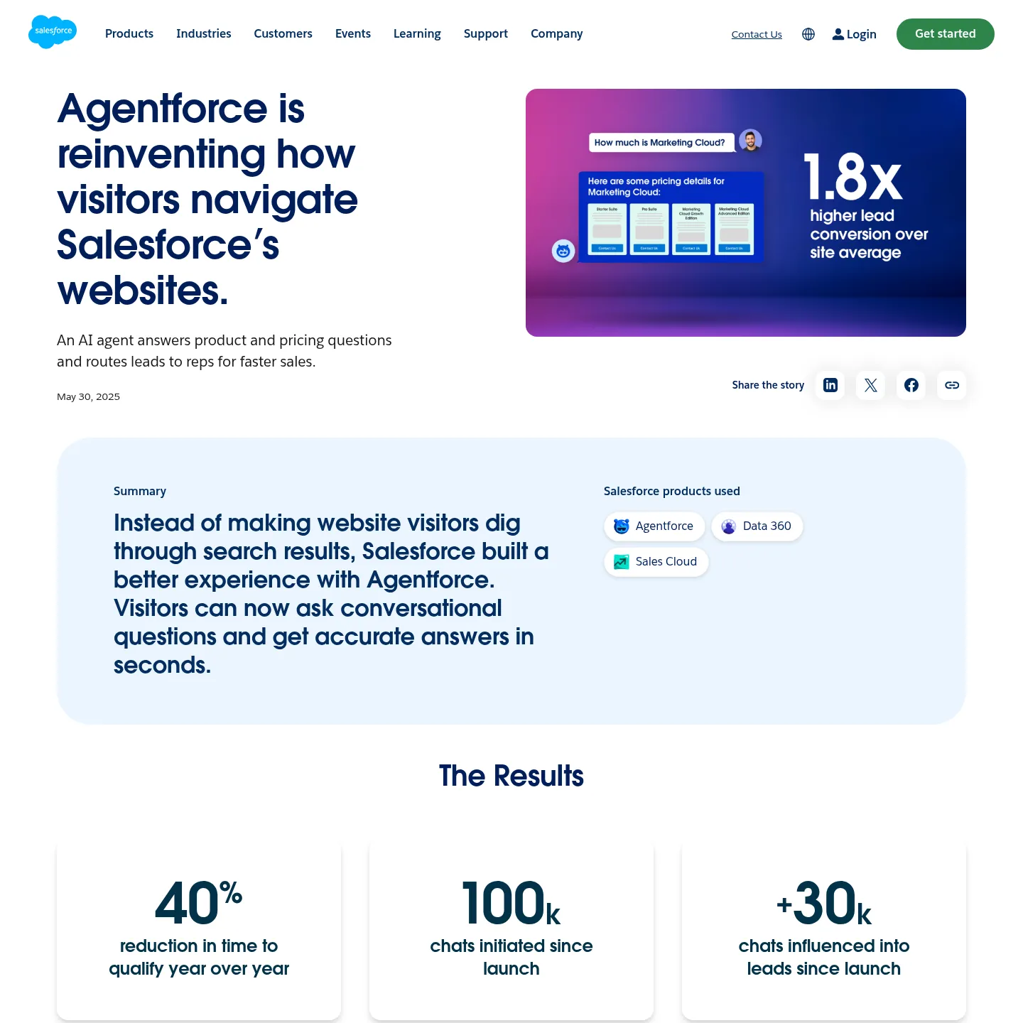 Salesforce's customer story showing its website Agentforce experience