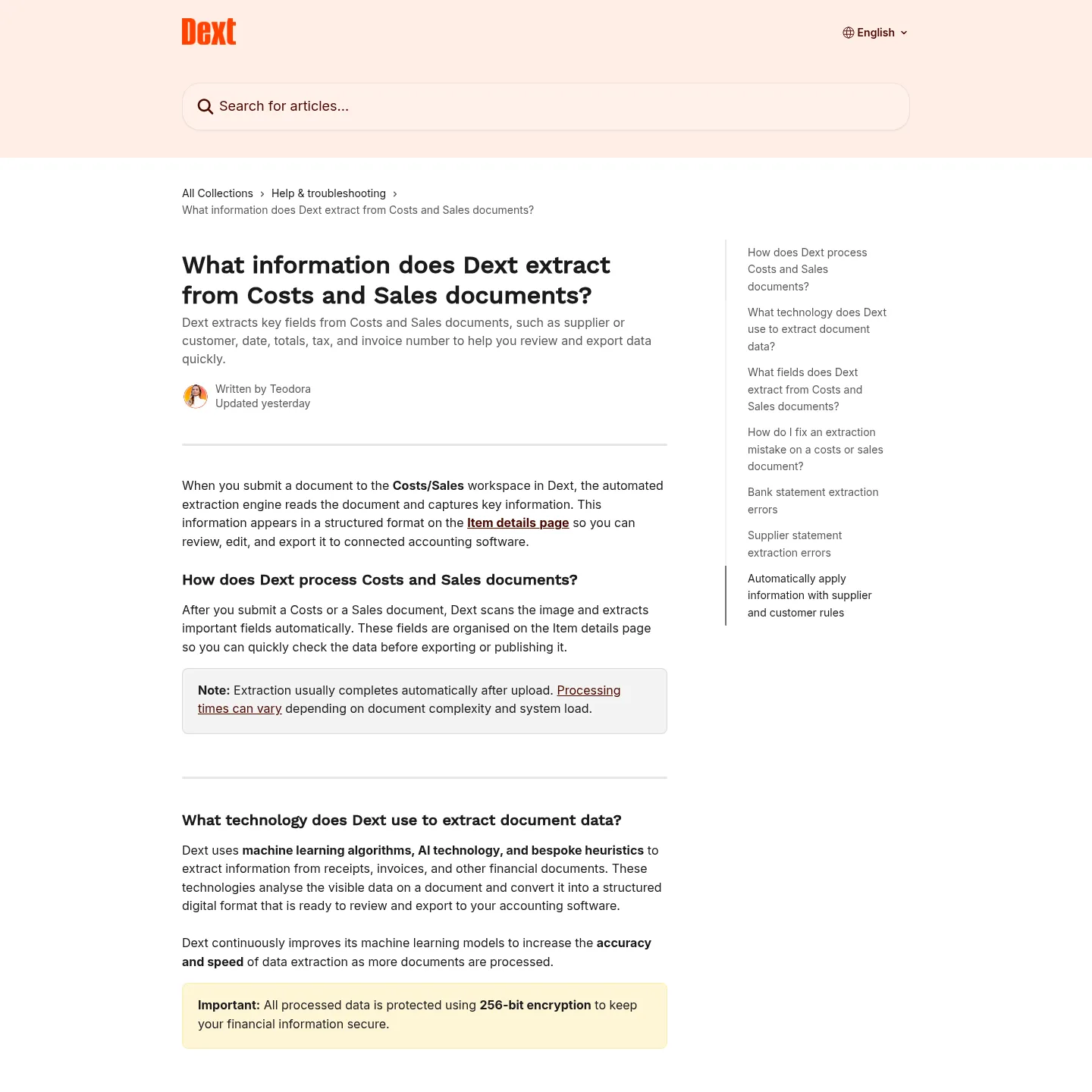 Dext's official documentation listing extracted invoice fields and the correction workflow
