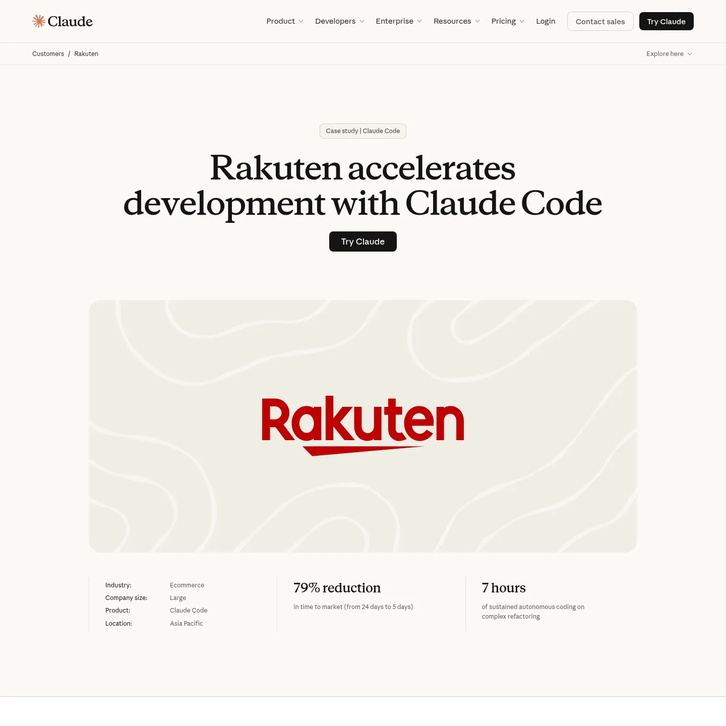 Anthropic's Rakuten customer study describing Claude Code in engineering workflows