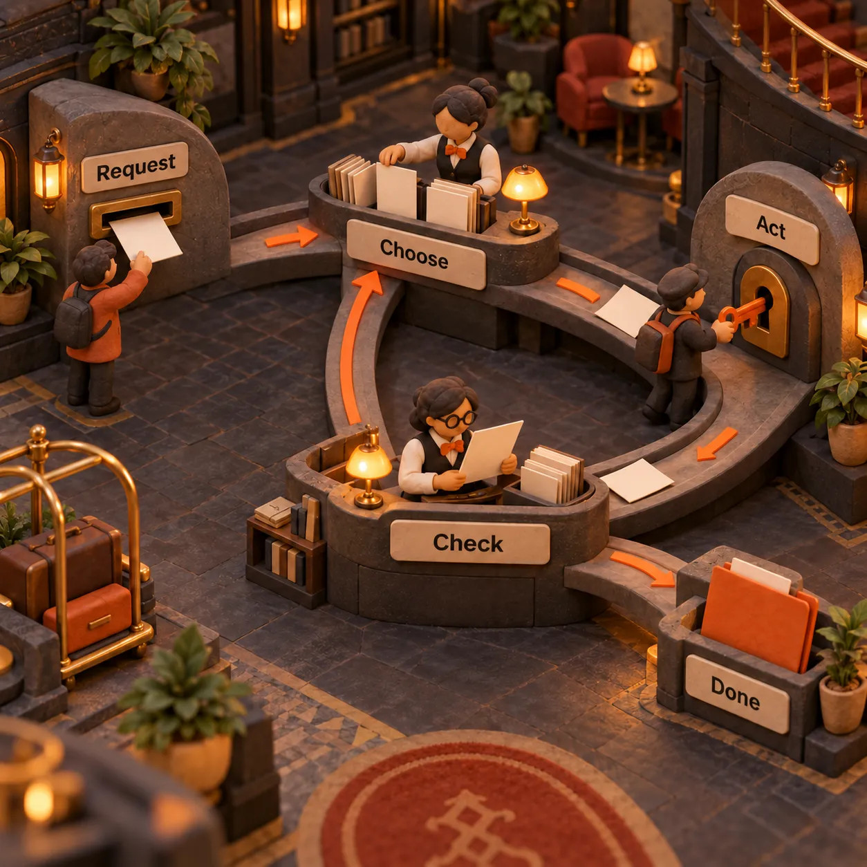 A clay concierge lobby shows Request, Choose, Act and Check, with a return path from Check to Choose and an exit to Done.