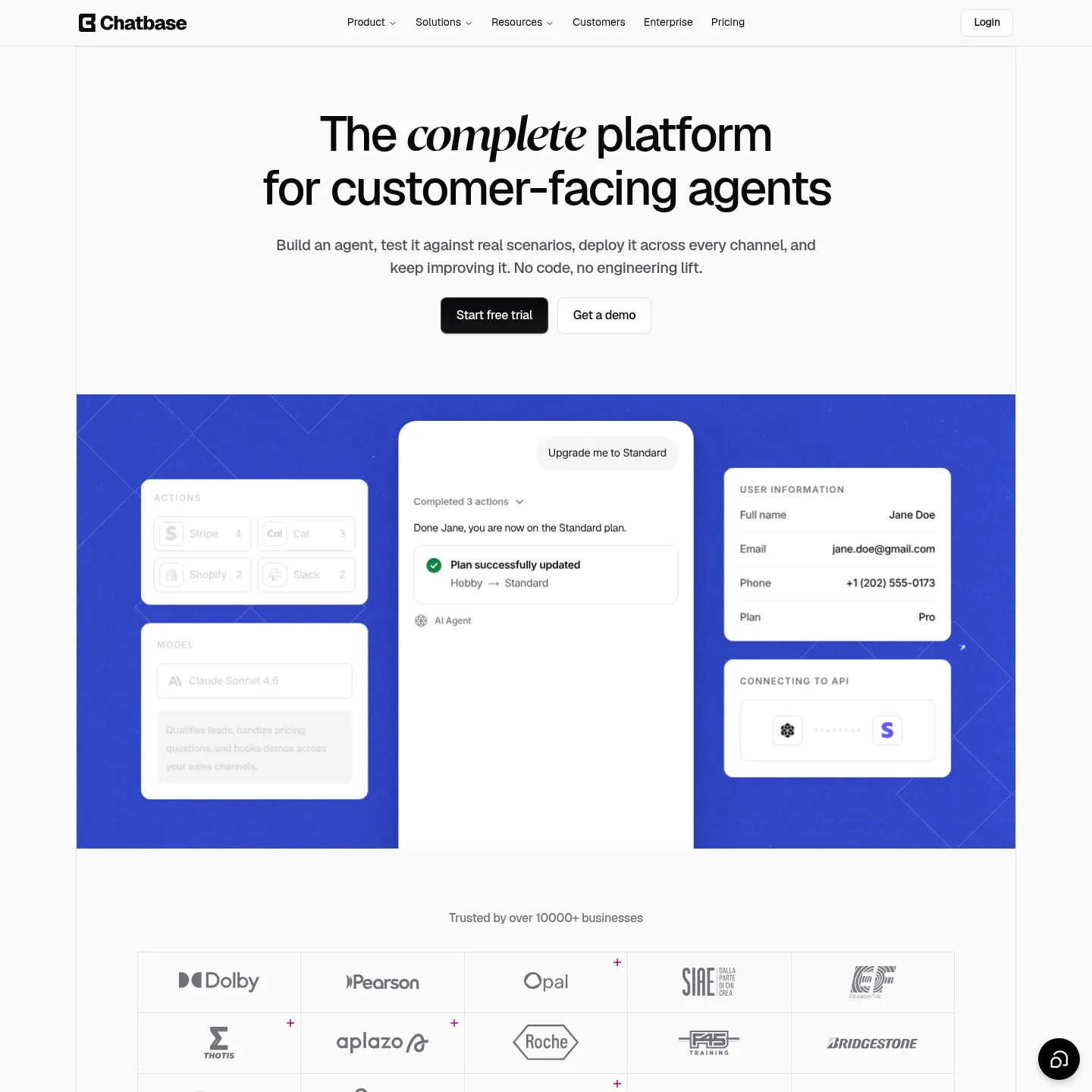 Chatbase's official product overview showing its agent configuration and action features.