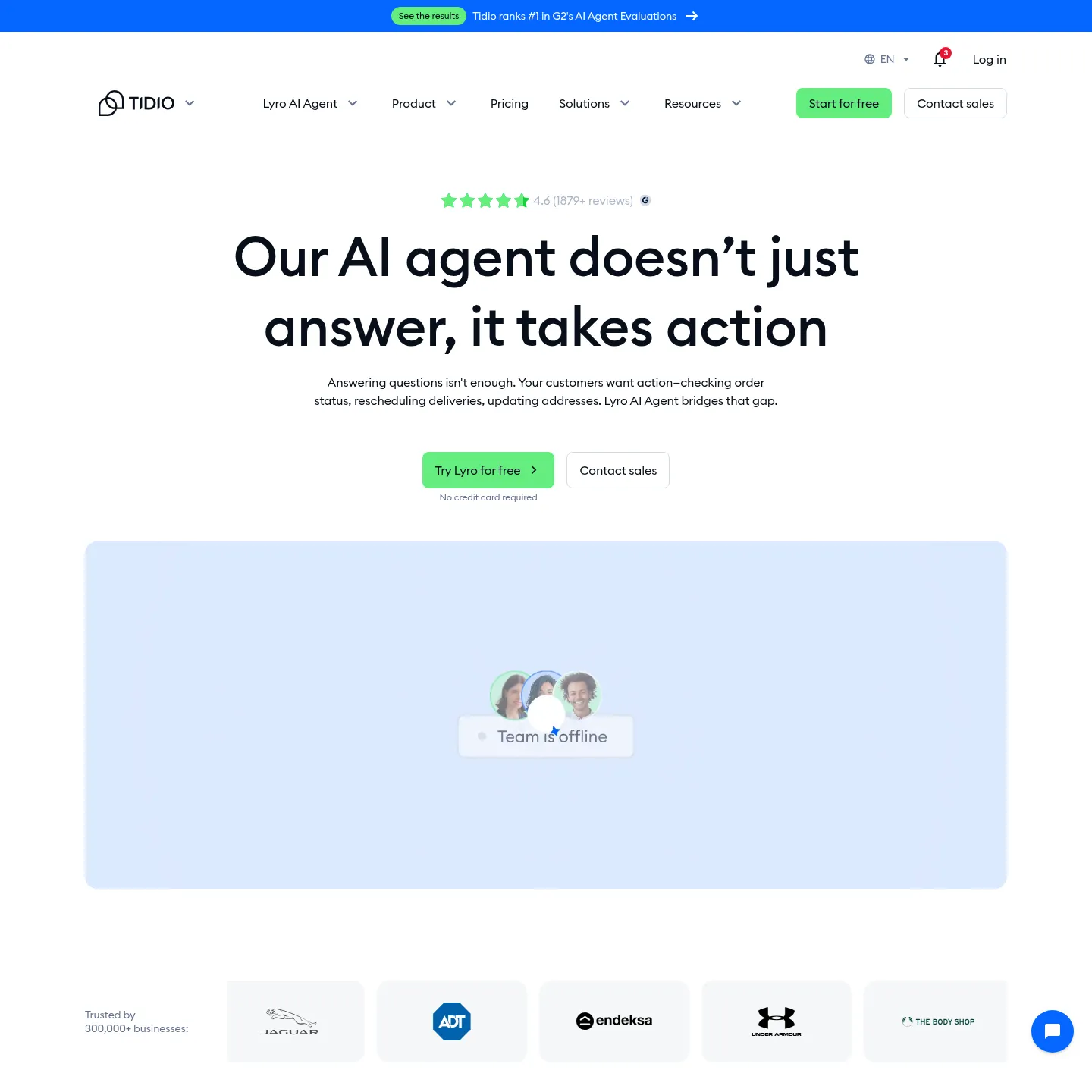 Tidio's official Lyro Smart Actions page describing actions connected to business systems.