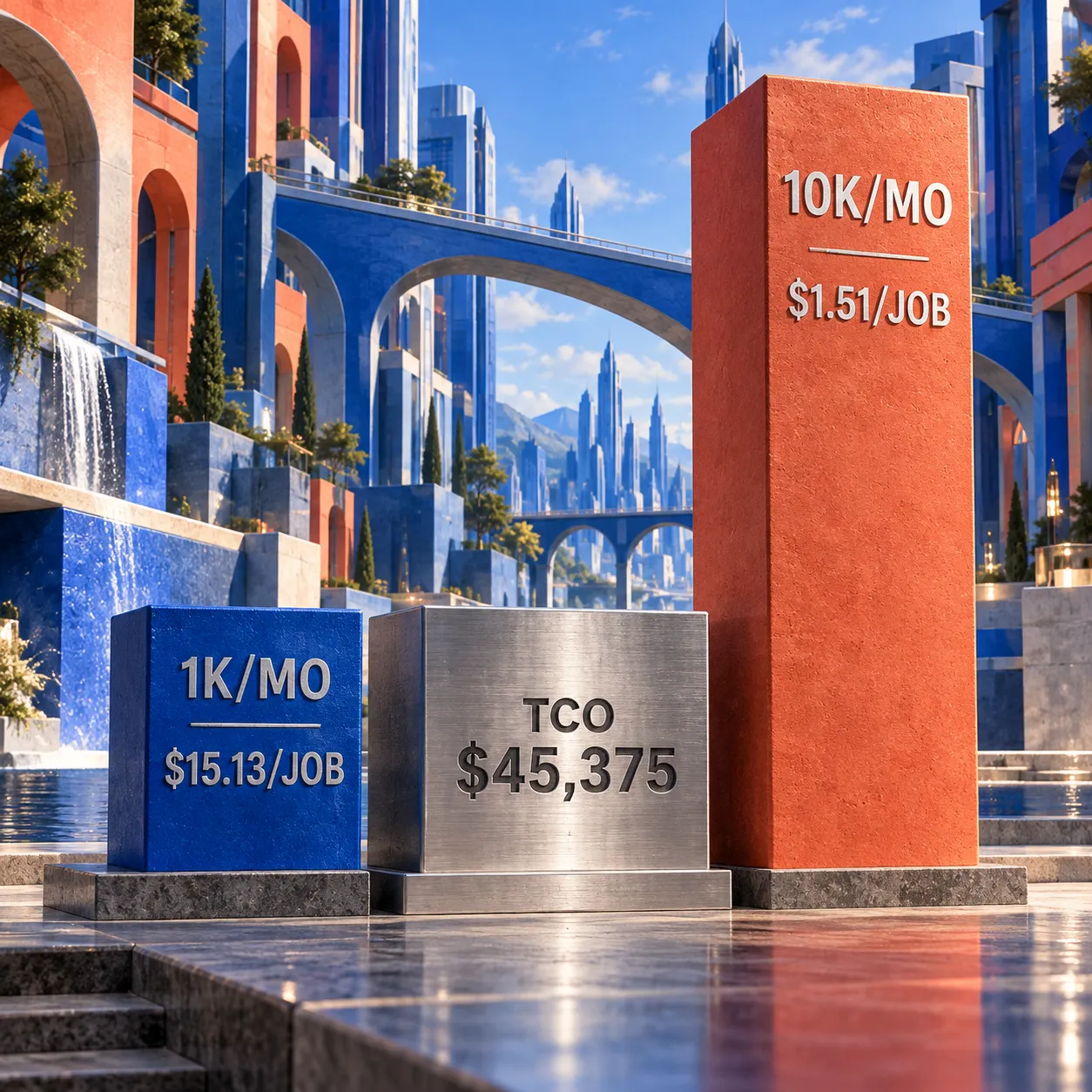 Comparación física de costos que distribuye el mismo total de 90 días entre mil y diez mil tareas mensuales