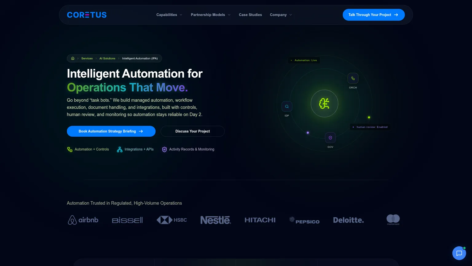 Página del servicio de automatización inteligente de procesos de Coretus
