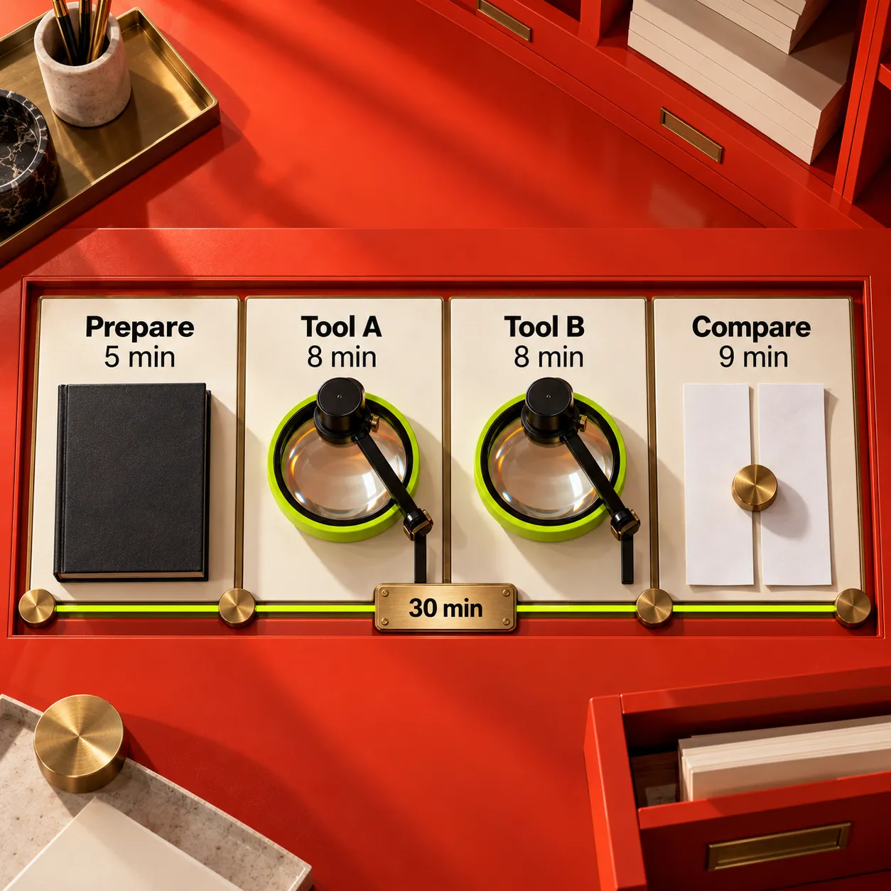 A physical timeline allocates 5 minutes to preparation, 8 to each tool and 9 to comparison