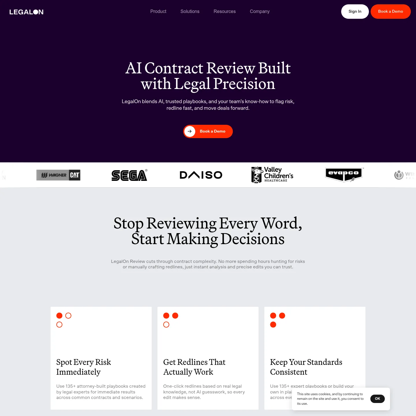 LegalOn's contract review product page showing its review and redlining workflow