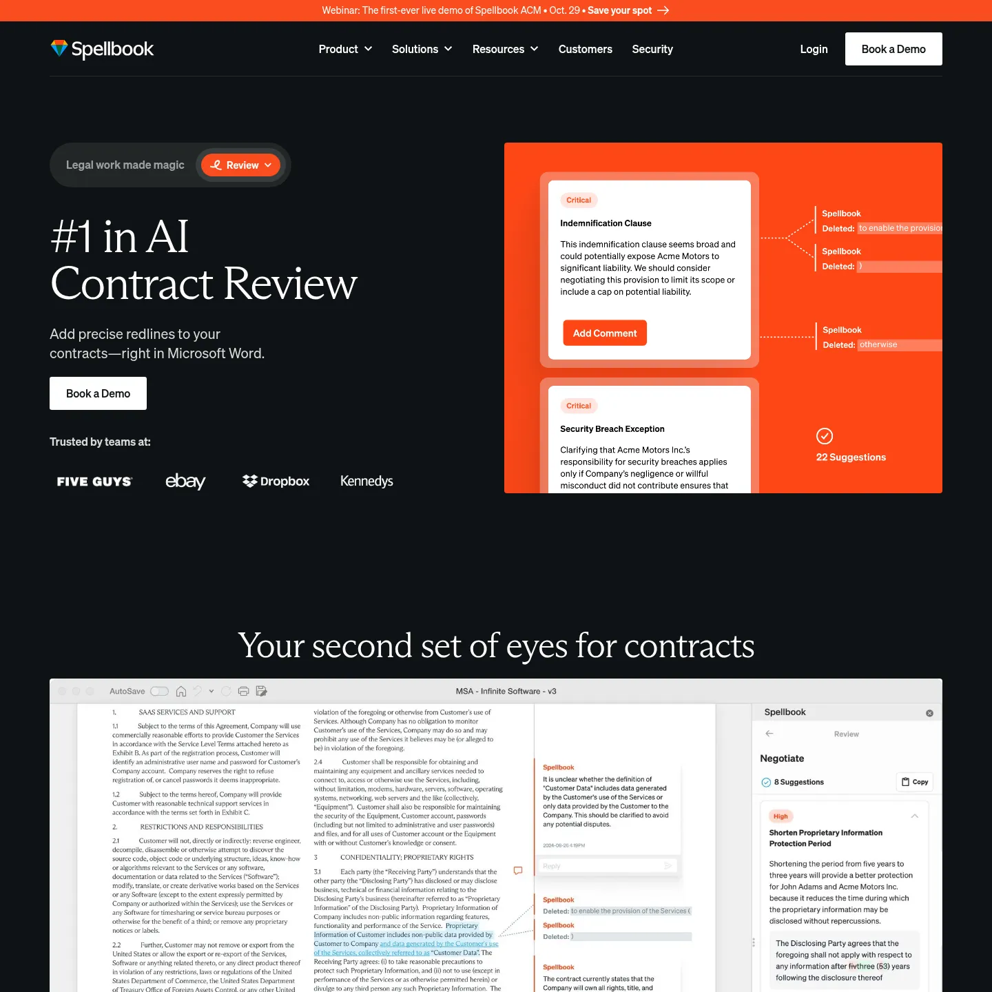 Spellbook's review feature page for contract redlines in Microsoft Word