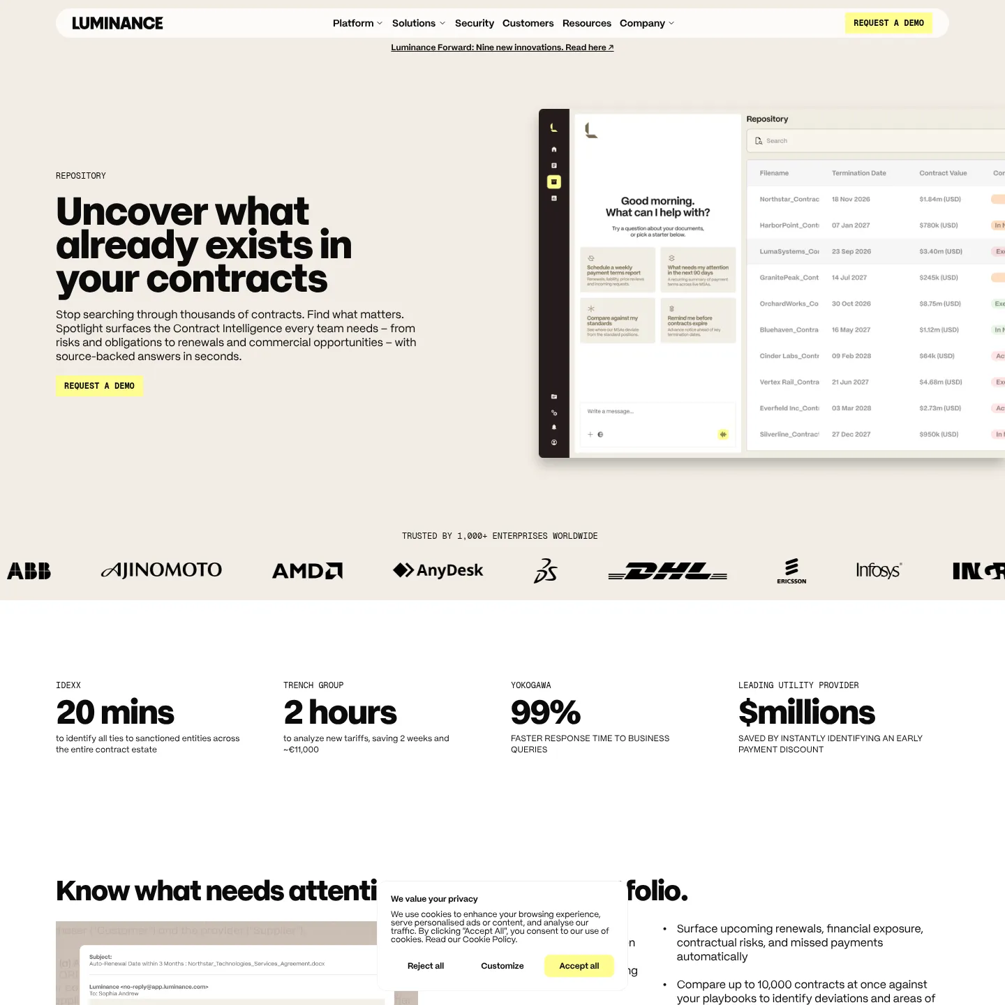 Luminance's repository product page describing contract search and portfolio intelligence