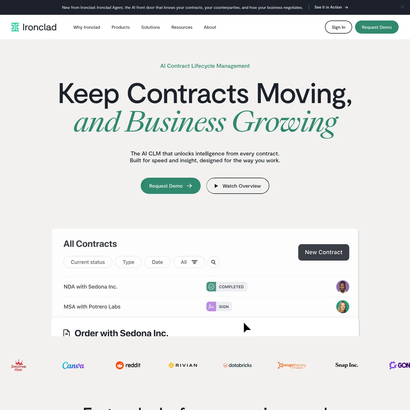 Ironclad's contract lifecycle management platform homepage