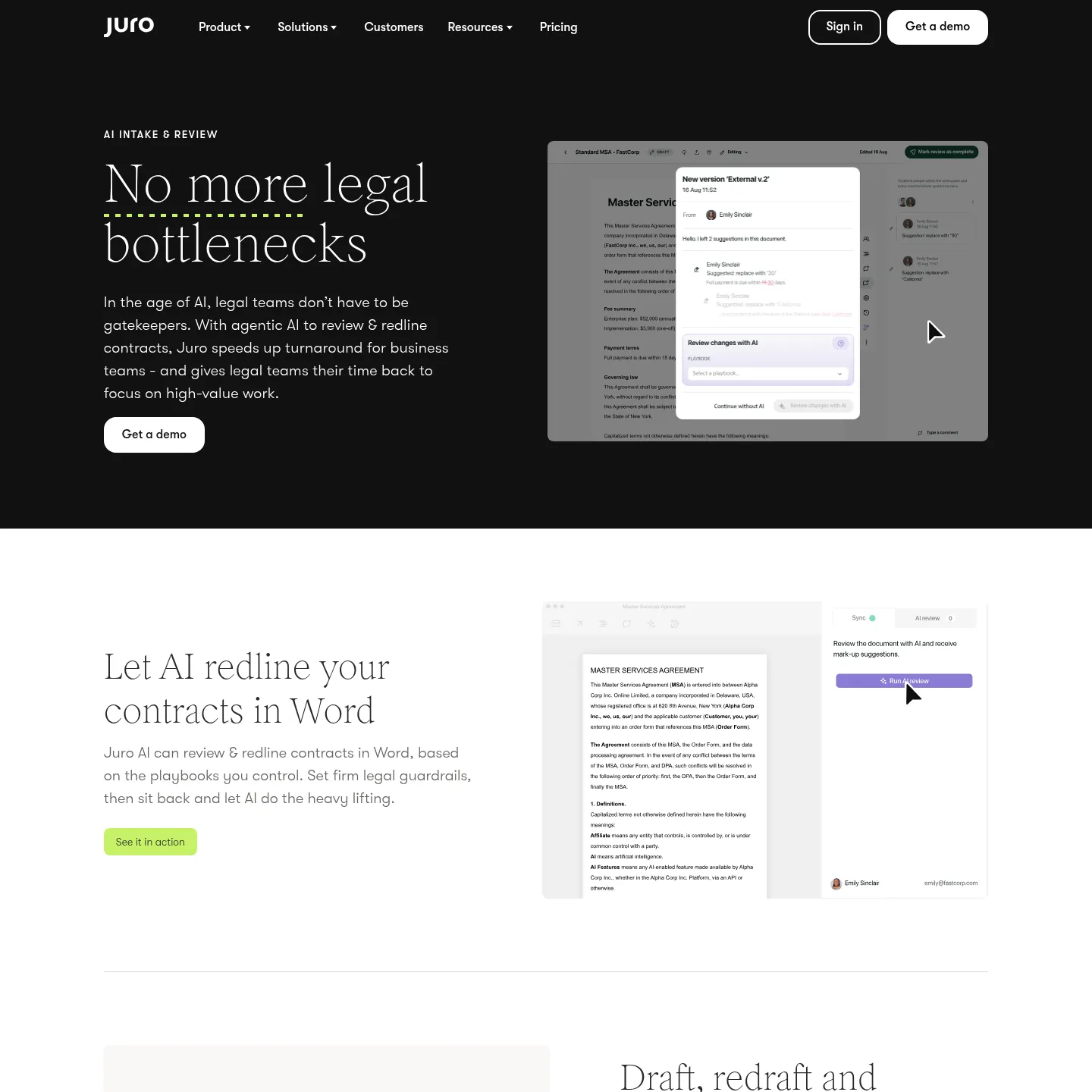 Juro's AI intake and review page showing Word review and approval workflows