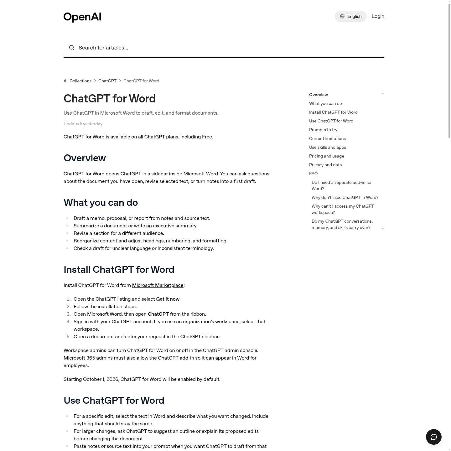 OpenAI's ChatGPT for Word feature documentation