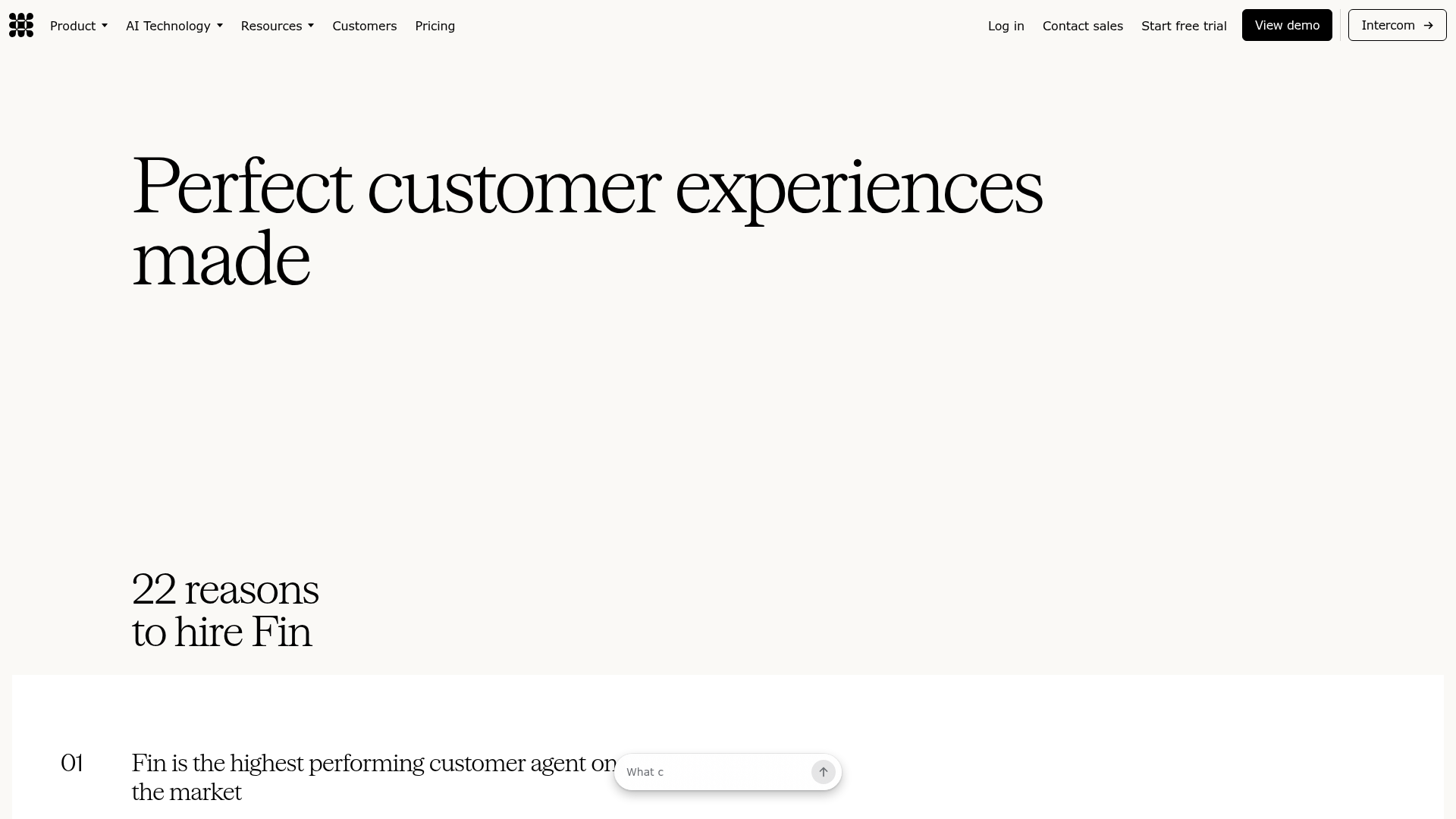 Intercom Fin AI agent page