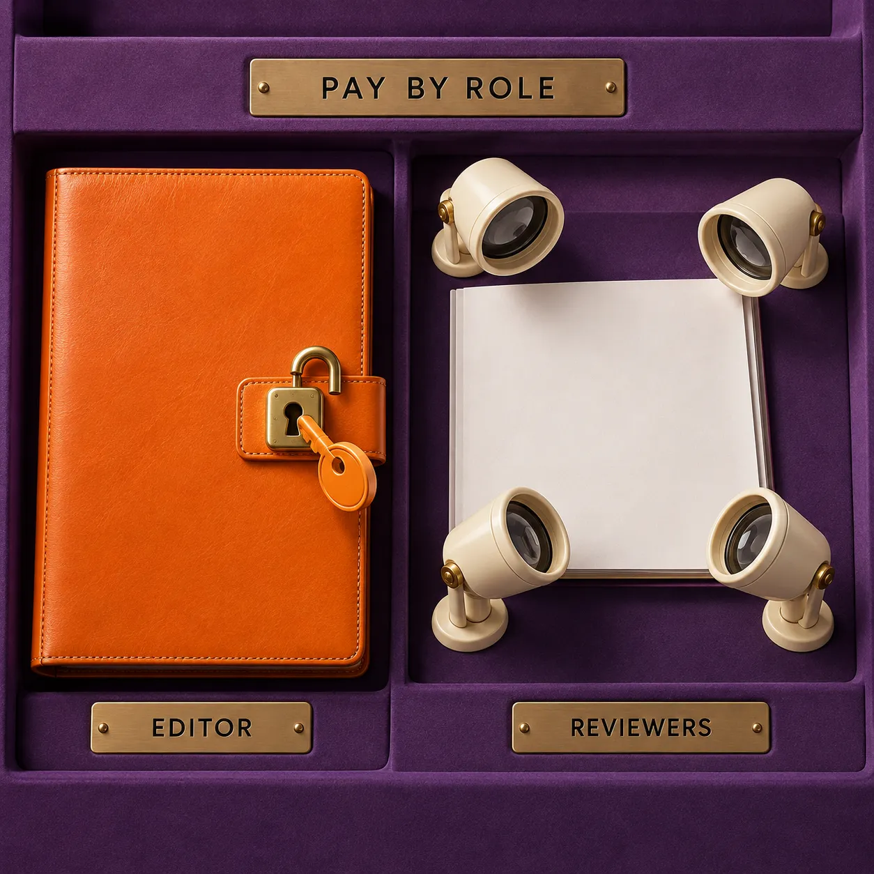 A single editing key and four review lenses illustrate buying authoring access by role