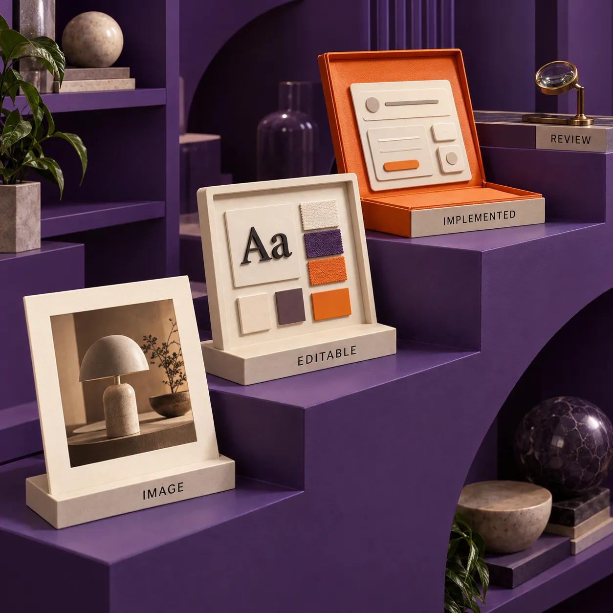 Physical steps move from an image to an editable artifact and an implemented result, ending with a review lens