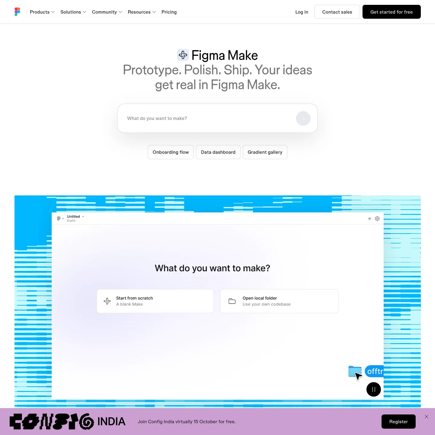Figma Make product page showing its design-context and visual-editing workflow