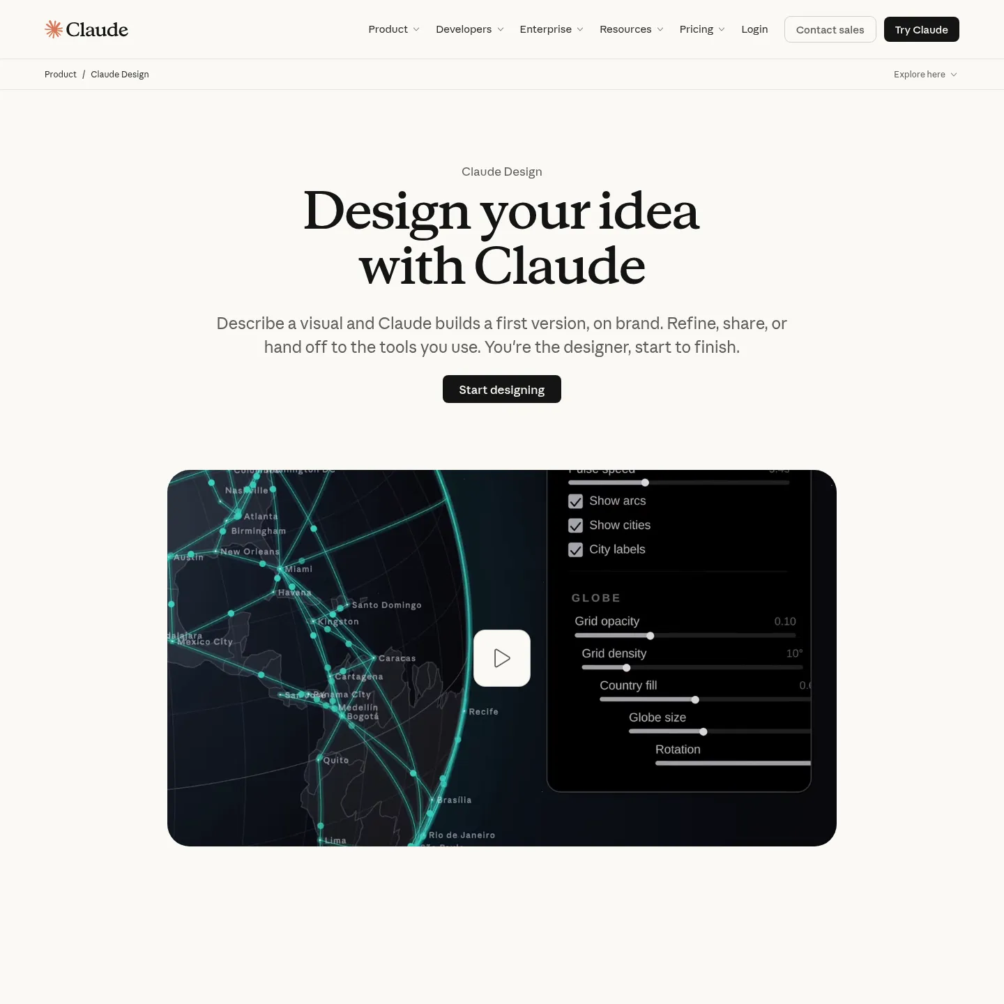 Claude Design product page describing on-brand visual creation and refinement
