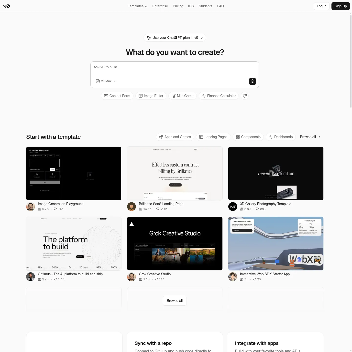v0 public product page and application-building workflow