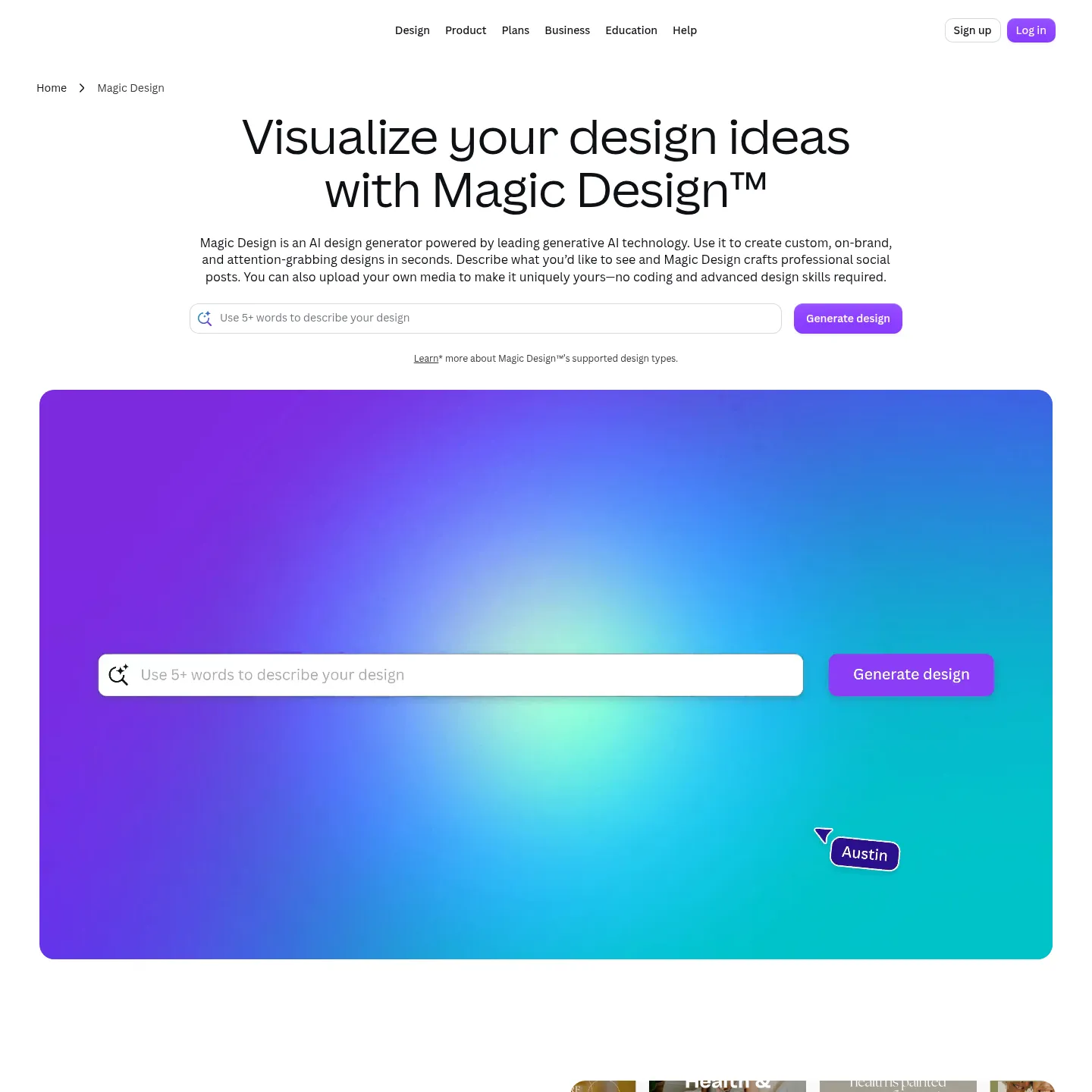 Canva Magic Design public page with branded design examples