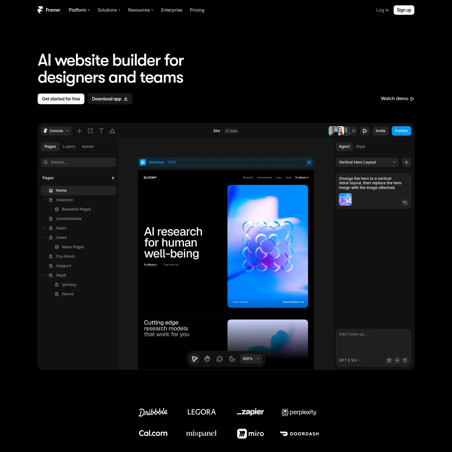 Framer AI page showing the agent and editable website canvas