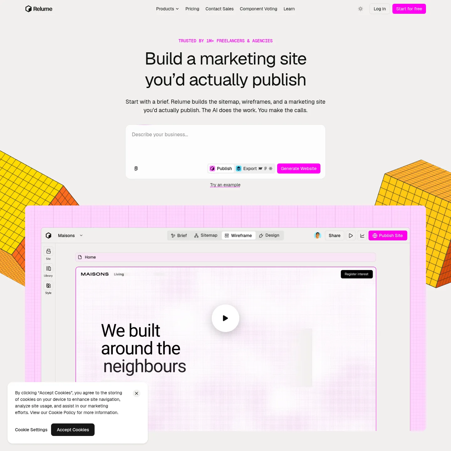 Relume public page describing component-based publishing and exports