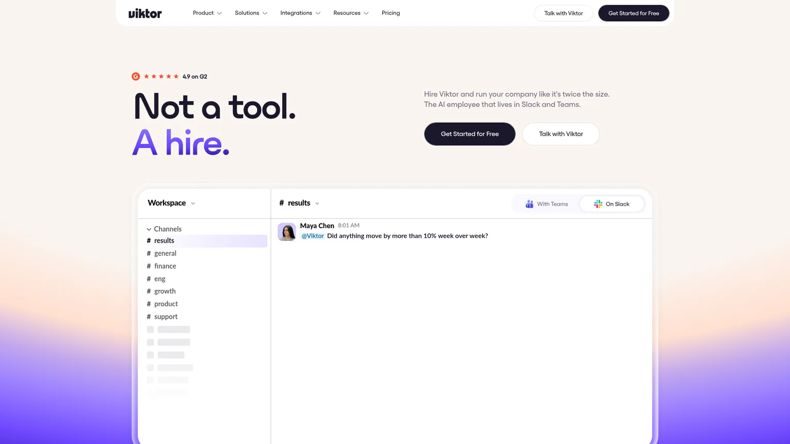 Viktor's product page showing its Slack and Teams coworker and connected-work model