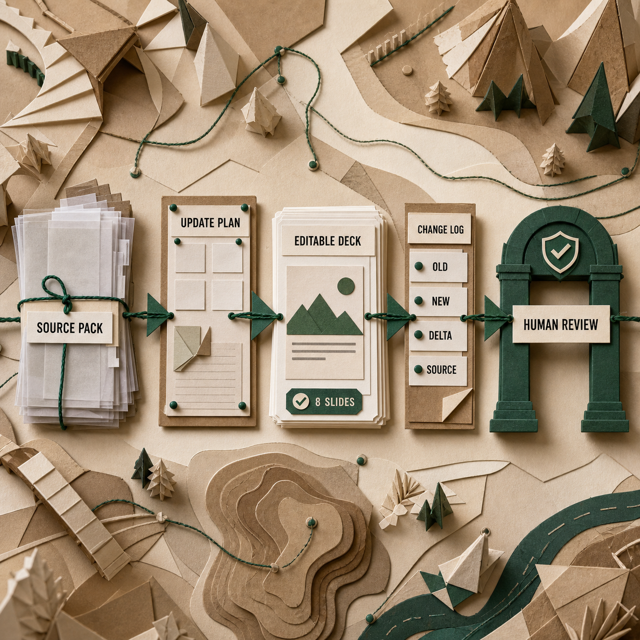 Paper-craft workflow from a finance source pack to an update plan, editable deck, change log, and human review