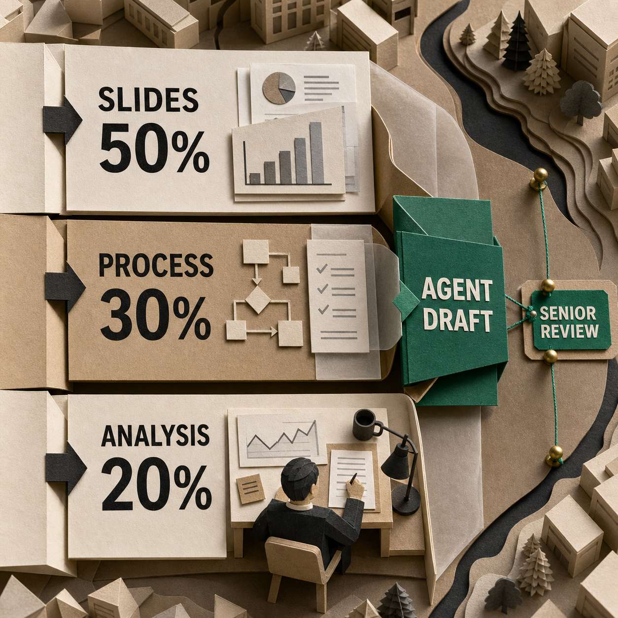 Paper-craft workload allocation showing 50 percent slides, 30 percent process and data, and 20 percent analysis