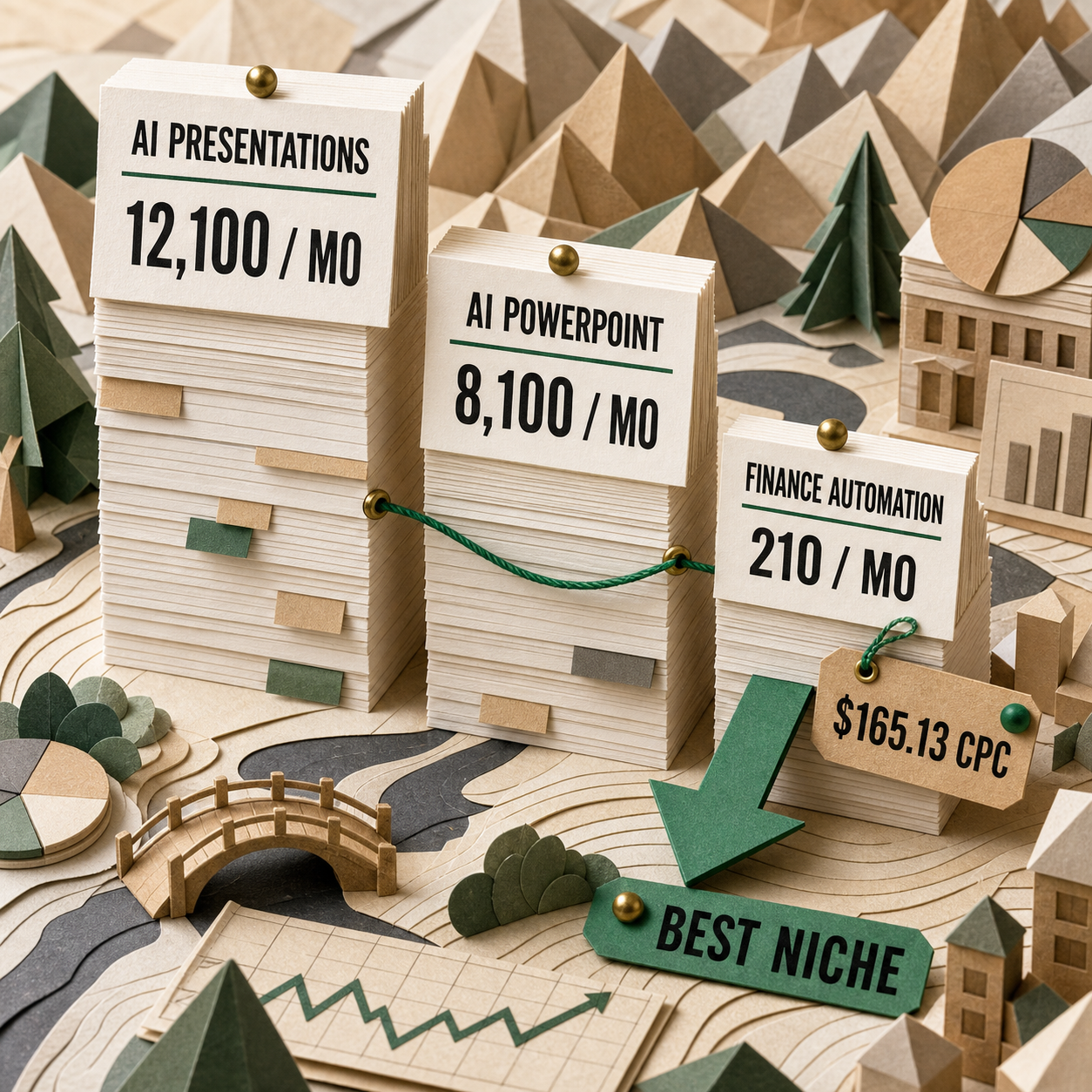 Paper-craft demand ladder showing monthly search volume for AI presentation maker, AI PowerPoint generator, and financial reporting automation