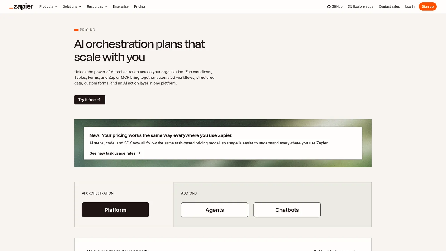 Zapier plans and AI orchestration pricing