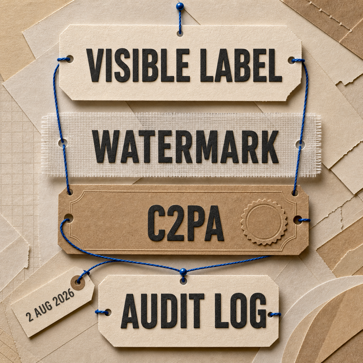 Paper craft infographic showing visible labels, embedded watermarks, and signed C2PA metadata as three separate provenance layers
