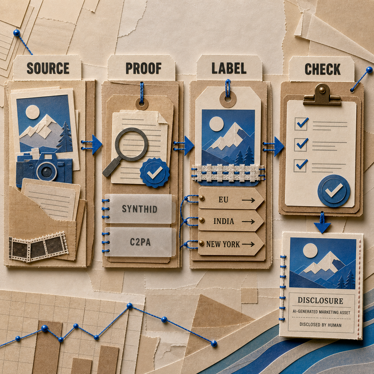 Paper craft workflow showing an AI ad asset moving through source recording, hidden proof, visible labelling, and publication checks