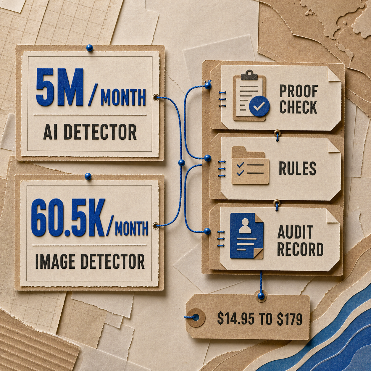 Paper craft product diagram connecting five million monthly AI detector searches to proof checks, disclosure rules, and an audit record
