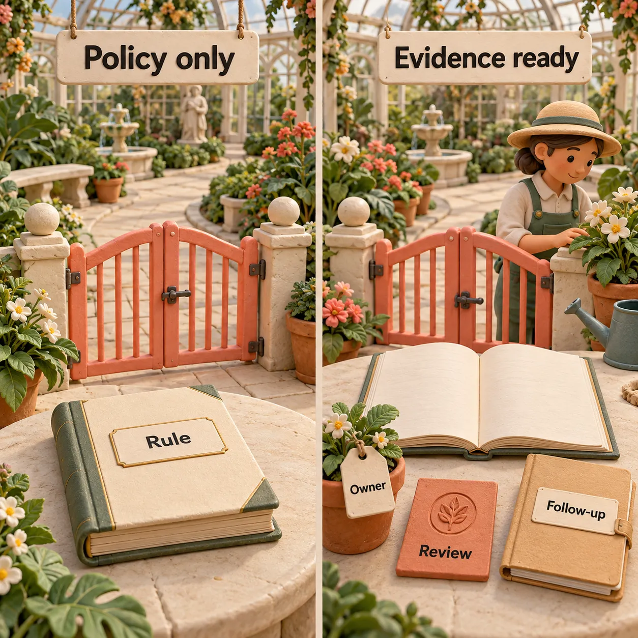 Ein Wintergarten aus Knetmasse stellt einem einzelnen Richtlinienbuch Nachweise zu Zuständigkeit, Prüfung und Nachverfolgung gegenüber.