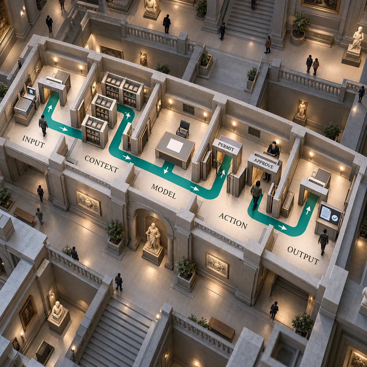 A museum floor plan maps input checks, scoped context, a model proposal, permission and approval gates, and output checks onto one request