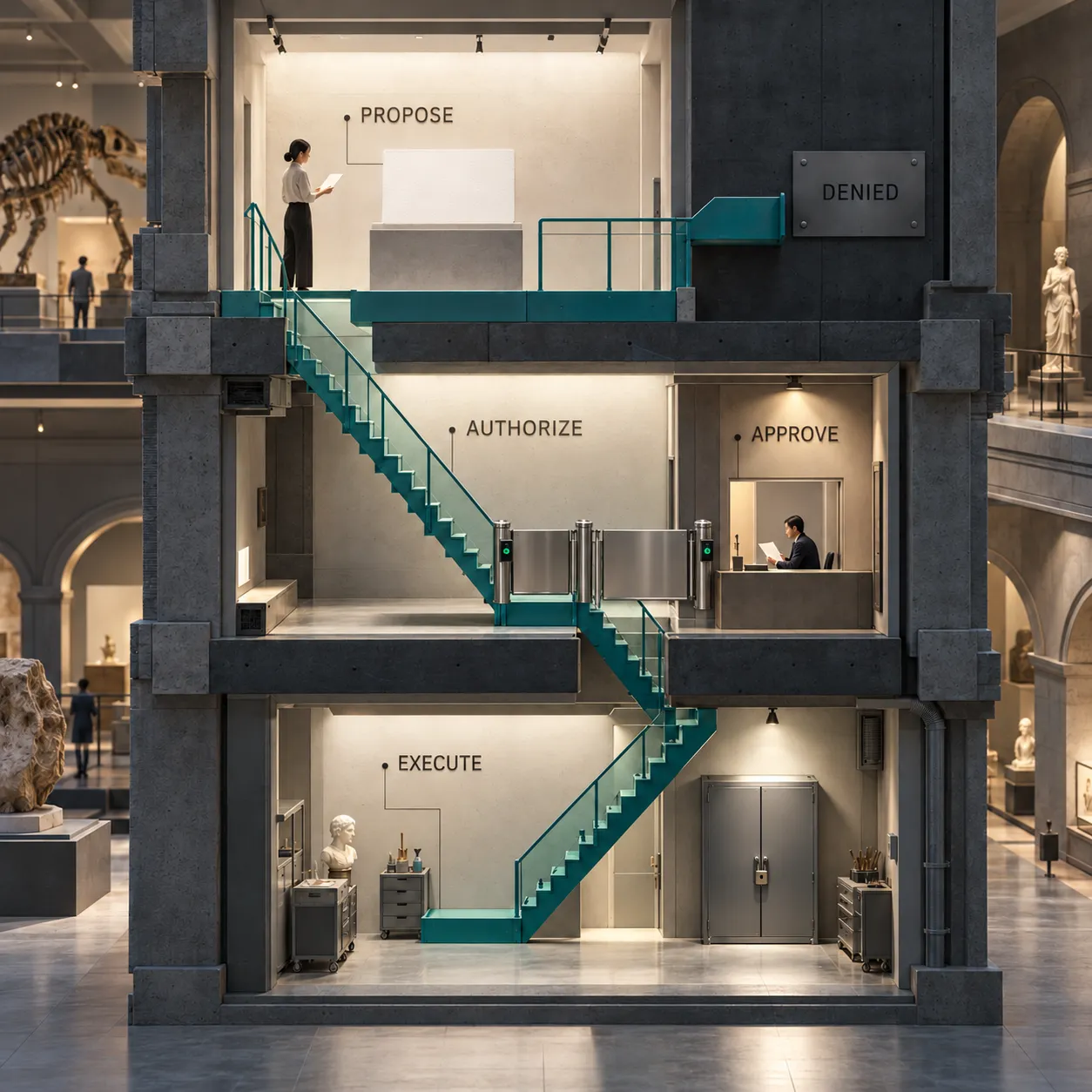 An architectural section separates a model proposal from execution with authorization and approval, while a direct bypass ends at a wall