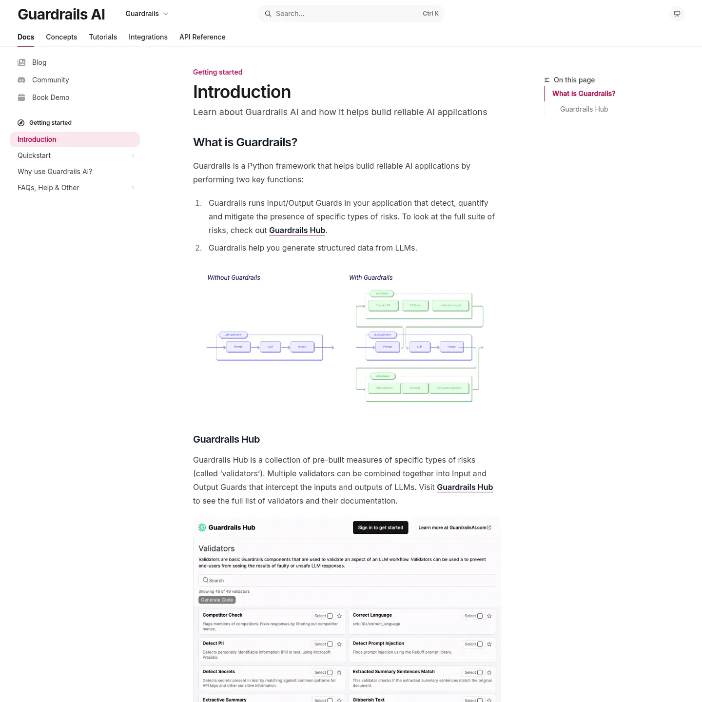 Guardrails AI documentation introducing input and output guards and validators