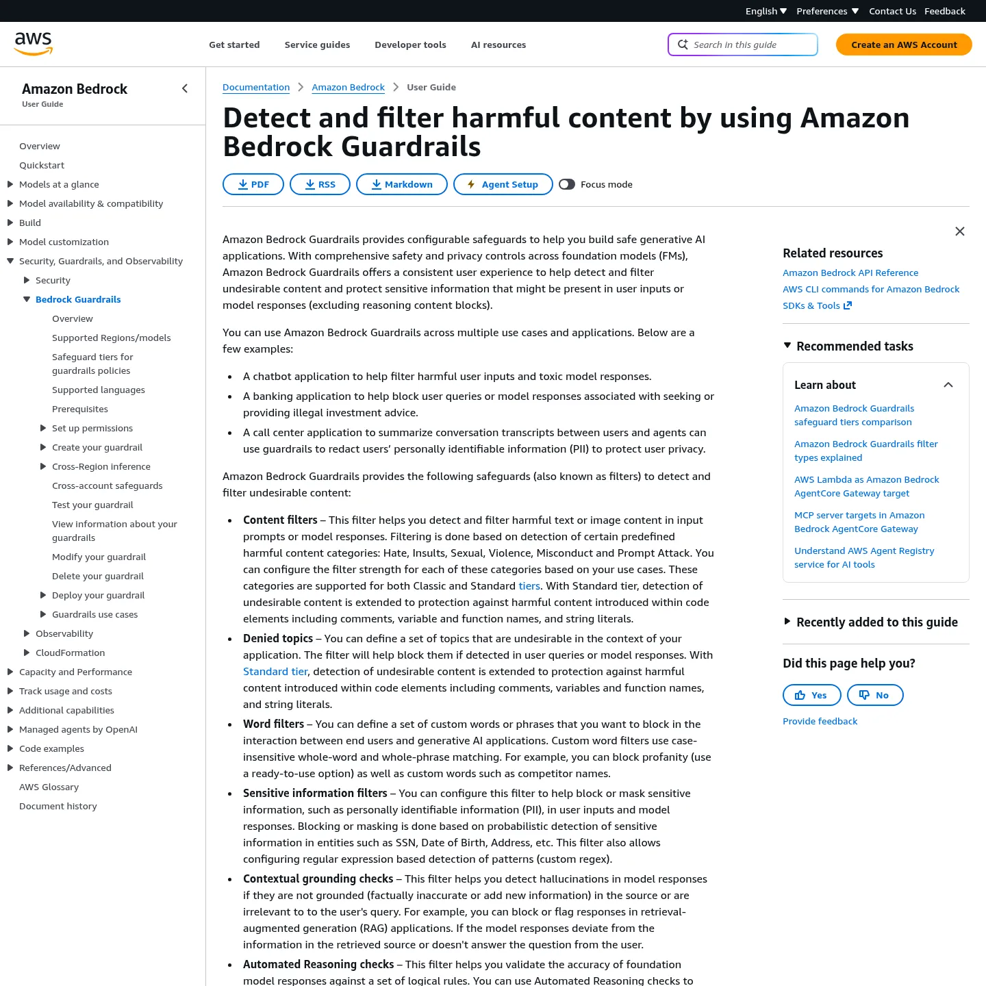 Amazon Bedrock documentation listing configurable guardrail safeguards