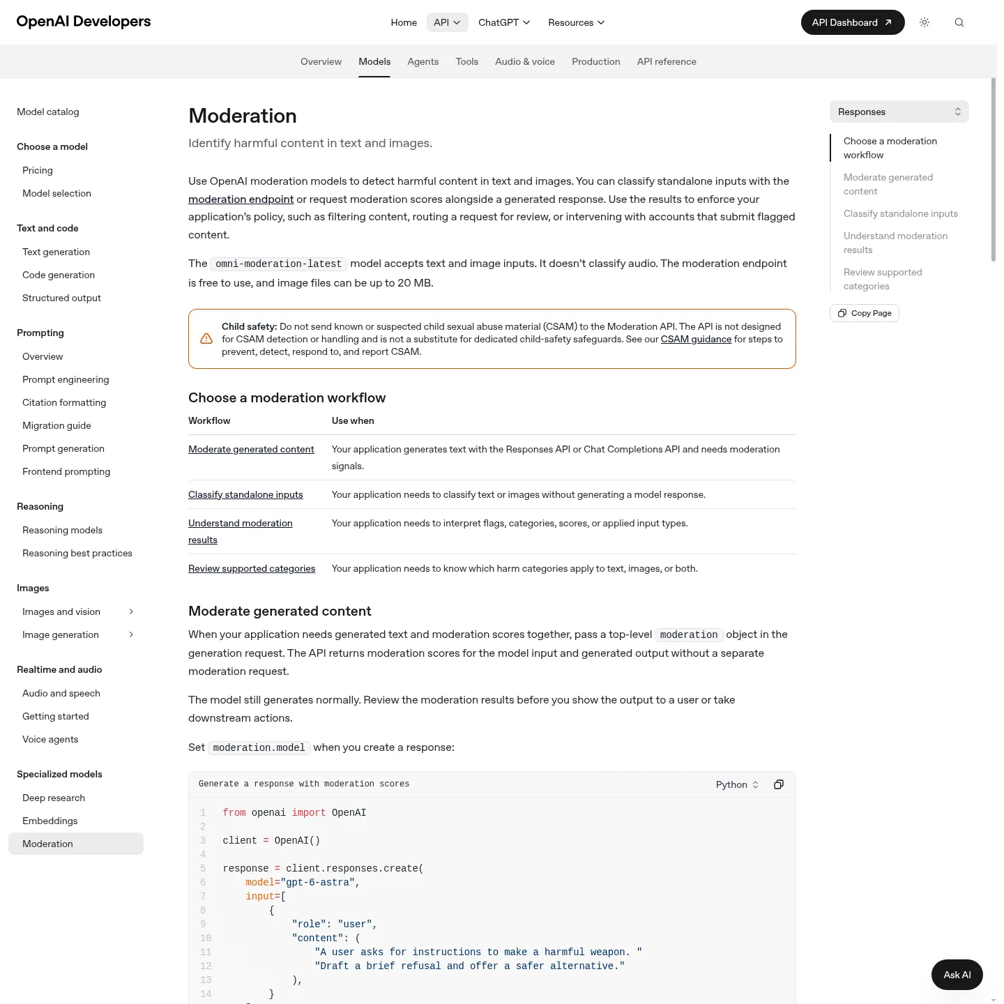 OpenAI moderation documentation explaining content categories and moderation results