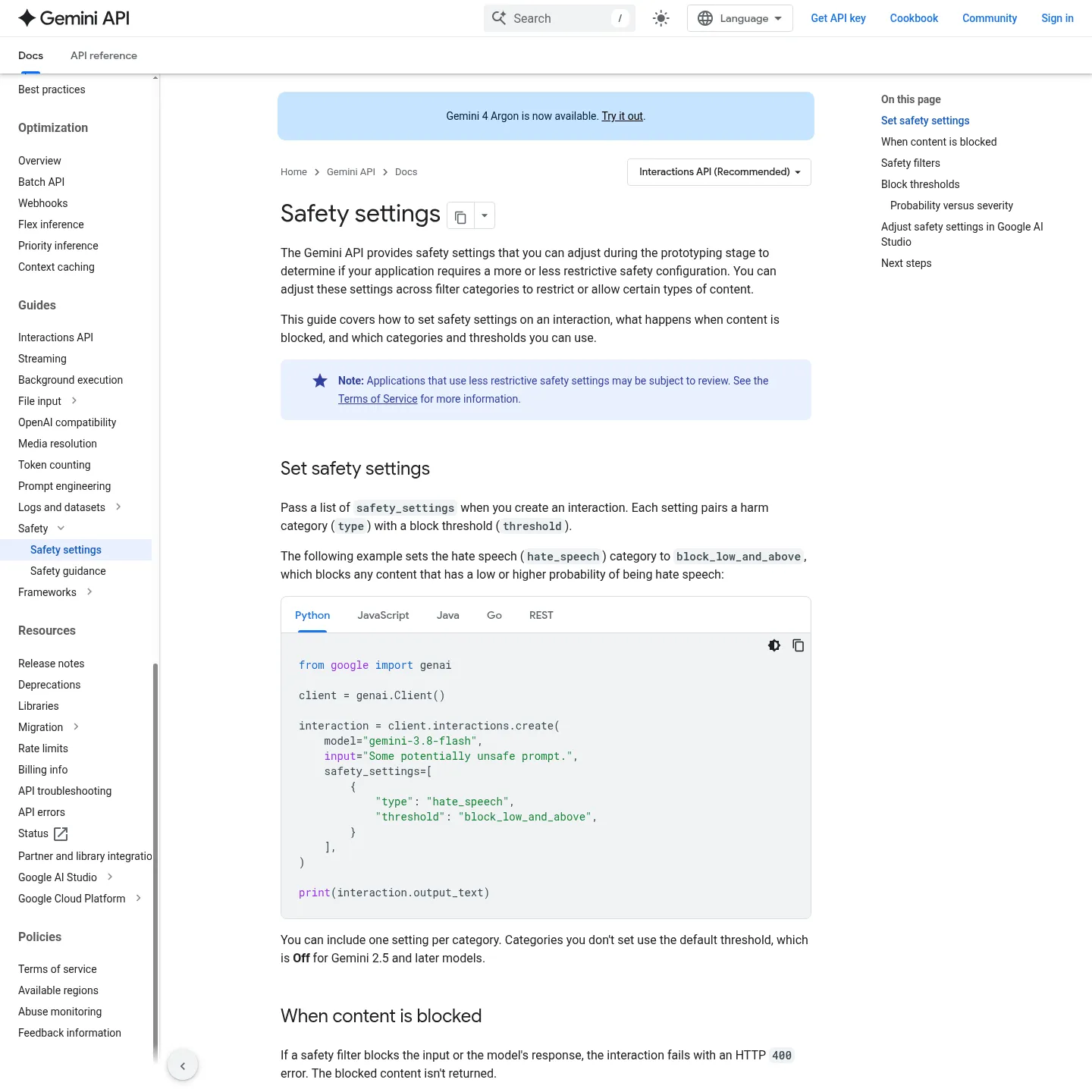 Google Gemini API documentation explaining safety filters and blocking thresholds