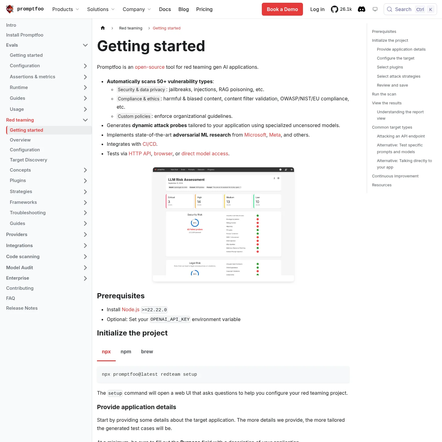 Promptfoo documentation showing target configuration and red-team test workflow