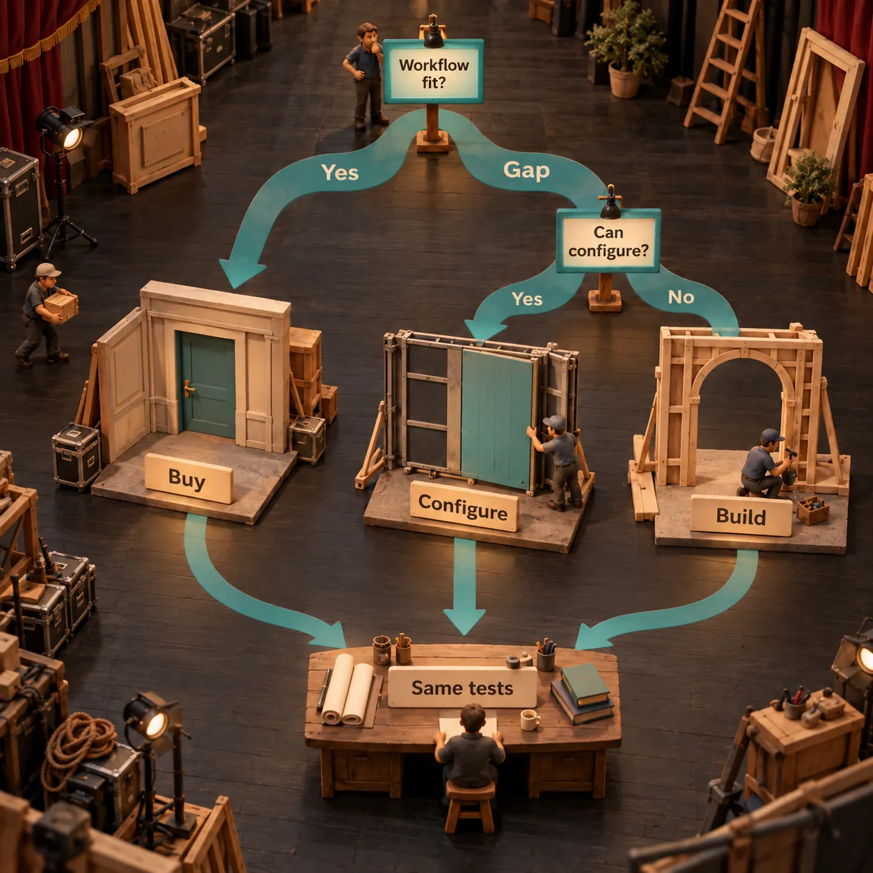 Theatre scenery forms a decision flow from workflow fit to Buy, Configure or Build, with every route leading to the same tests.