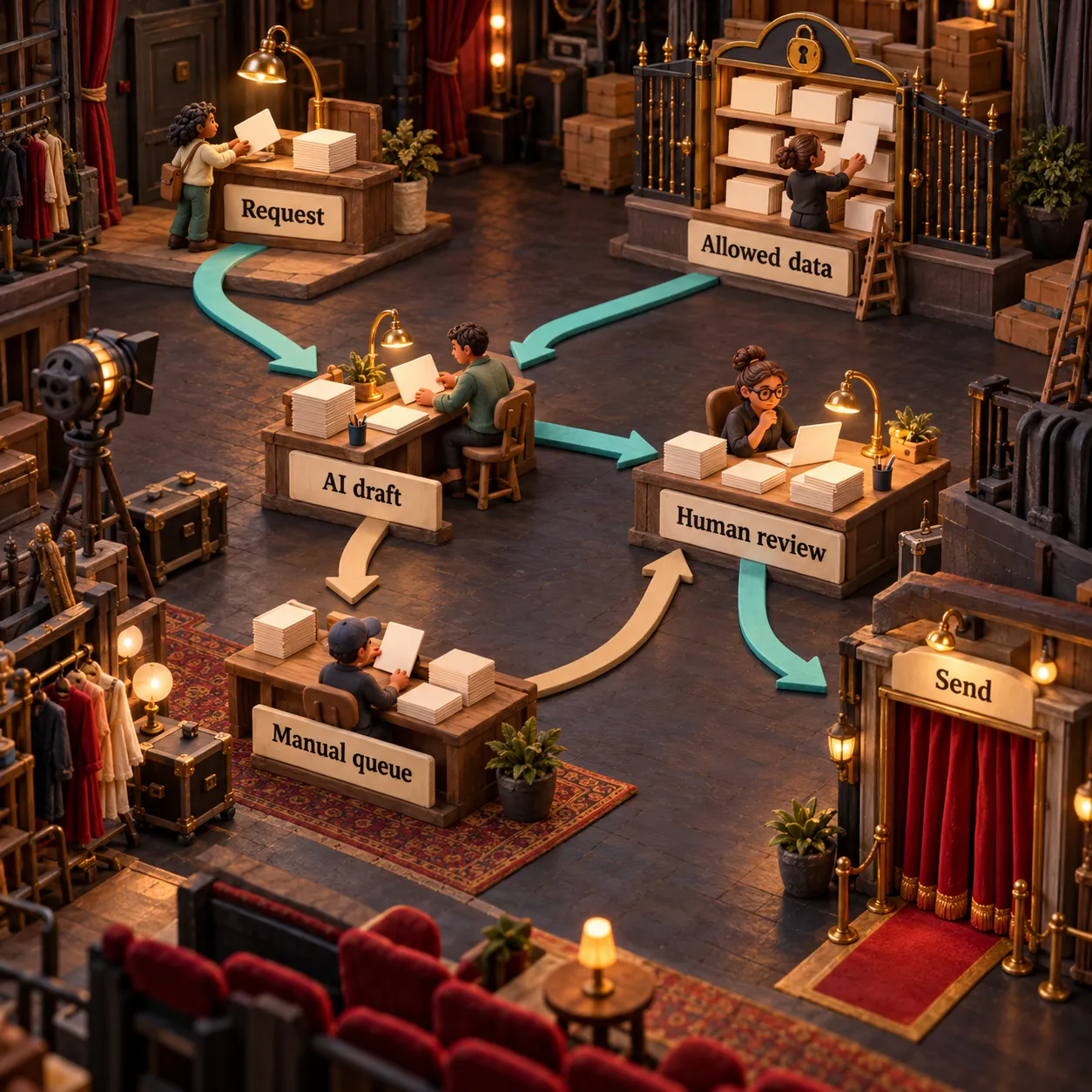 A theatre model shows Request flowing to AI draft, Human review and Send. Allowed data feeds the draft, while a separate manual queue reconnects at human review.